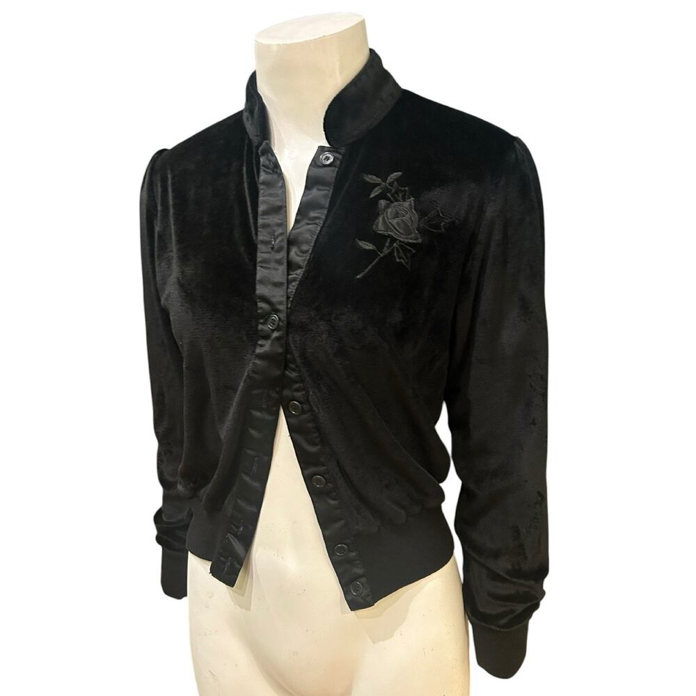 Disco Black Velour Rose Shirt Jacket Embroidered Disco Gothic Top Small -
